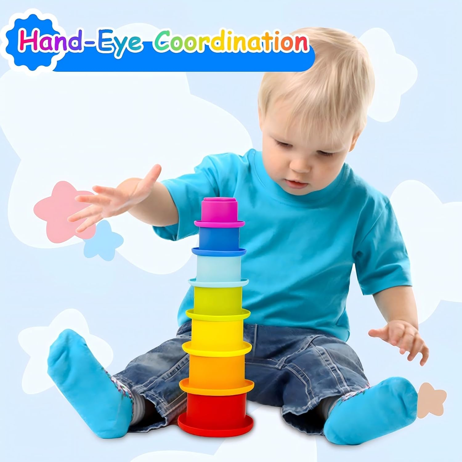 Stacking Cups, Toys for Toddlers 1-3 Year Old Stack and Count, Colorful Baby Stacking Water Set, Stackable Cups for Learning, Toddler Water Table Toy, Baby Bath Toy, Toddler Cup Toys (8 Count) image number 3