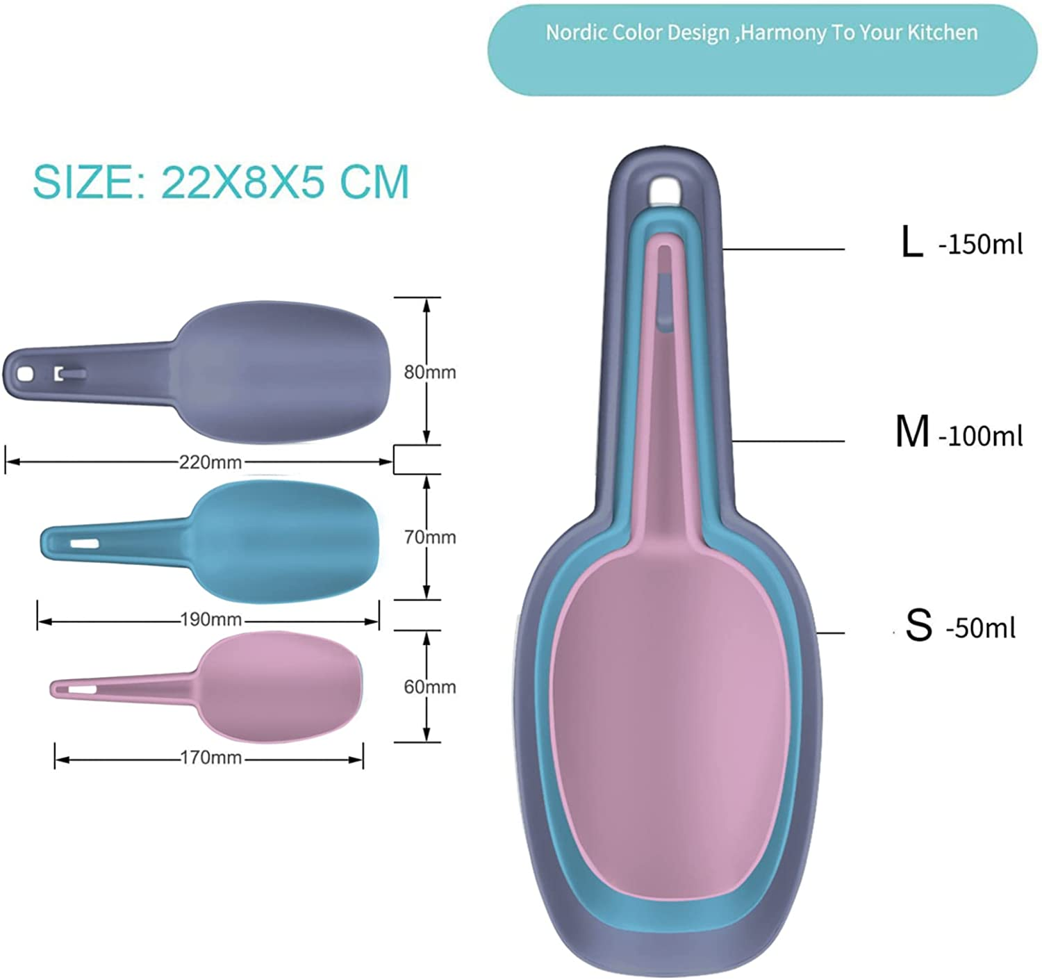 Ice Scoop Set of 3,Multi Purpose Plastic Kitchen Scoops Canisters,Ice Scooper for Freezer,Rice,Canisters,Flour,Dry Foods,Candy,Pop Corn,Coffee Beans and Pet Food - Gray+Blue+Light Blue image number 6