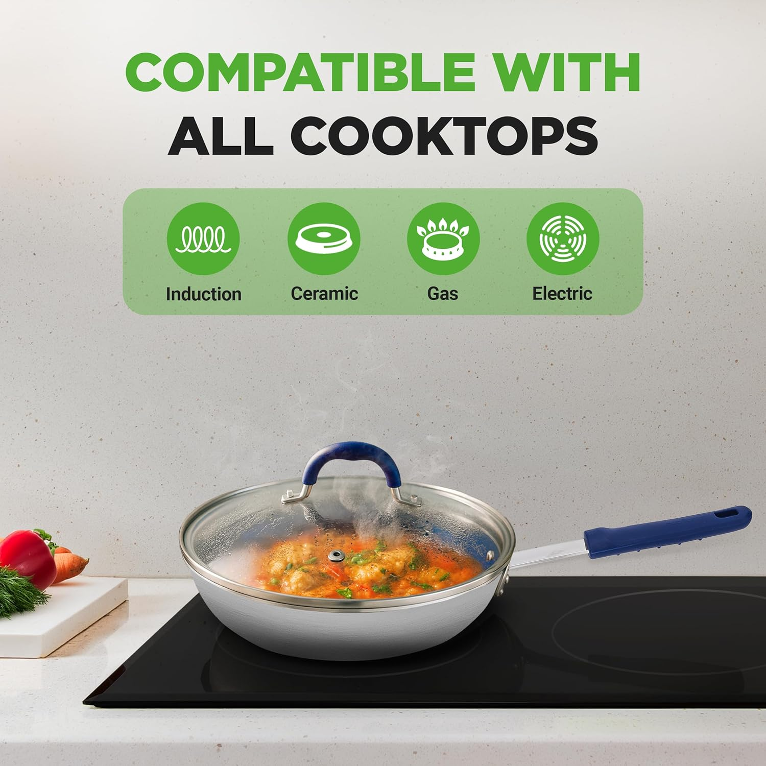 Nutrichef 10" Fry Pan with Lid - Medium Skillet Nonstick Frying Pan with Silicone Handle, Ceramic Coating, Blue Silicone Handle, Stain-Resistant and Easy to Clean, Professional Home Cookware