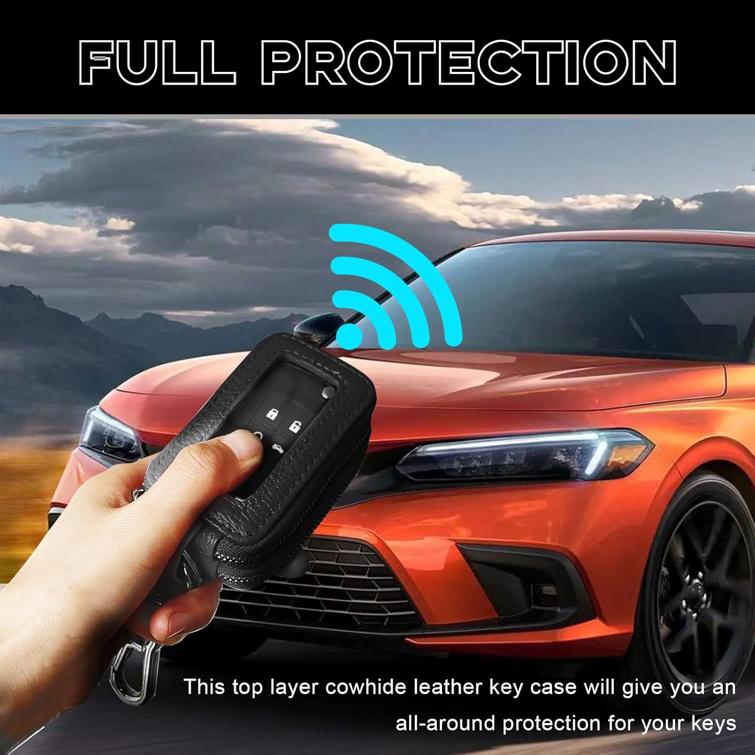 NTNEV Car Key Fob Case, Double Zipper Genuine Leather Protection Key, Universal Premium Car Key Fob Case, Metal Hook and Keyring with Transparent Window for Men Women (Black) image number 5