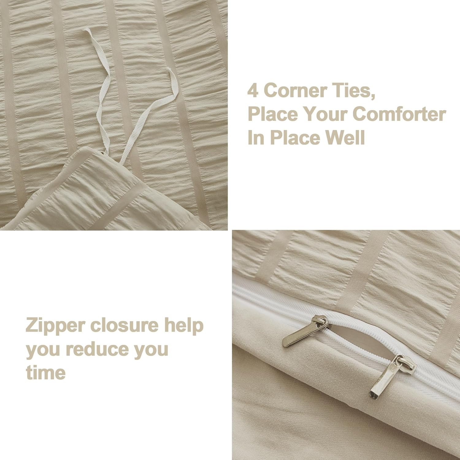 Avelom Beige Seersucker Duvet Cover Set Queen Size (90 X 90 Inches), 3 Pieces (1 Duvet Cover + 2 Pillow Cases), Ultra Soft Washed Microfiber, Textured Duvet Cover with Zipper Closure, Corner Ties image number 3