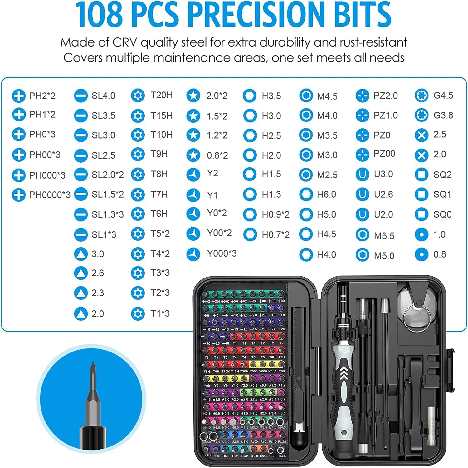 AMIR Precision Screwdriver Set, 132 in 1 Magnetic Screwdriver Set Kit, Electronics Repair Screwdrivers Tool Kit with 108 Magnetic Drill Bits for Repair Phone, Watch, Switch, Computer, Tablet, PC image number 2