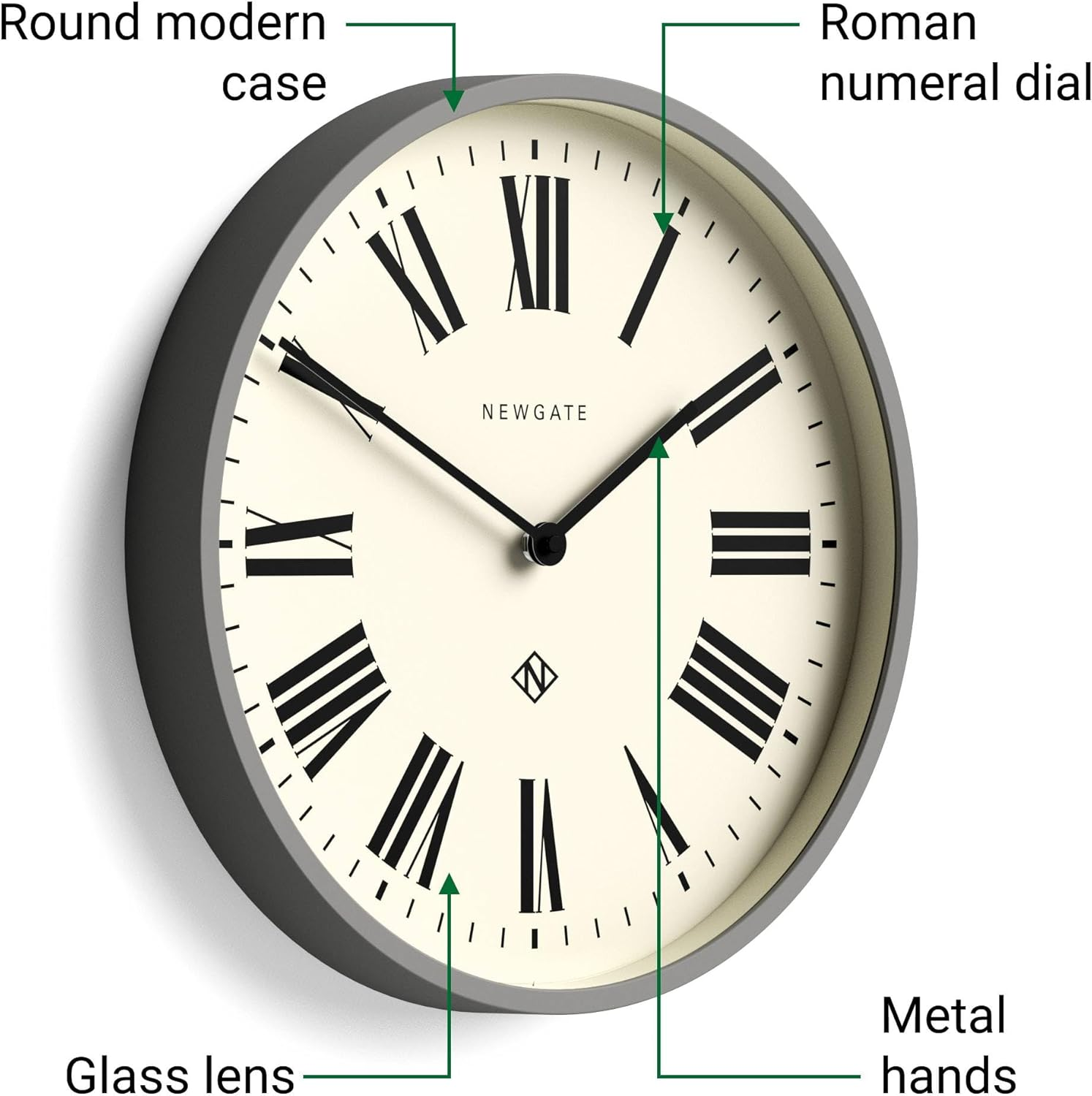 NEWGATE&reg; Number Three Italian Wall Clock - round Clock - Kitchen Clock - Clocks for Living Room - Office Clock - Contemporary Case - Roman Numeral Dial - (Posh Grey)