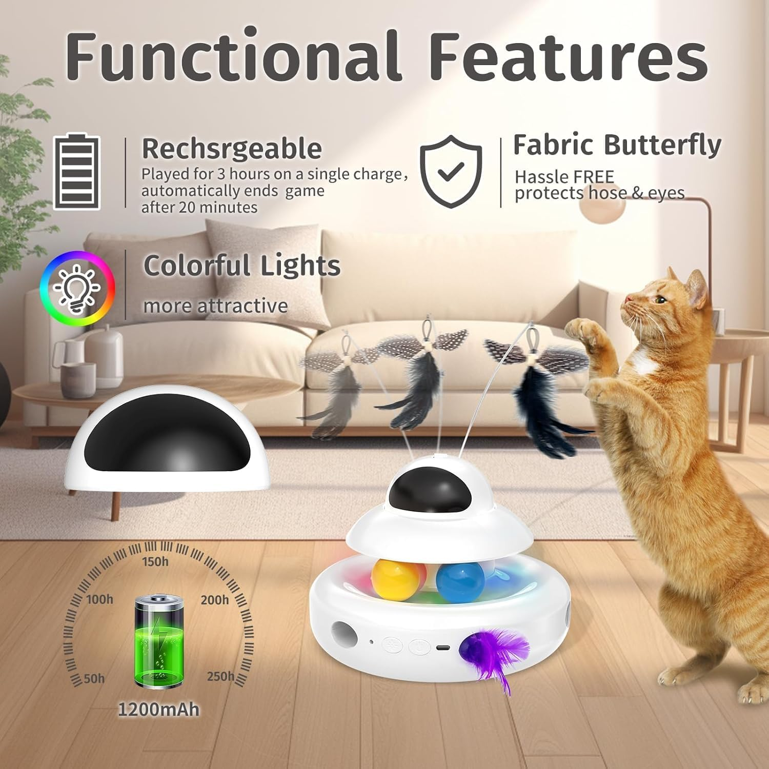 Cat Toy,Interactive 4-In-1 Automatic Cat Toys for Indoor Cats,Electronic Whack a Mole, Fluttering Butterfly,Track Balls Kitten Toy,Feather Toys for All Breeds