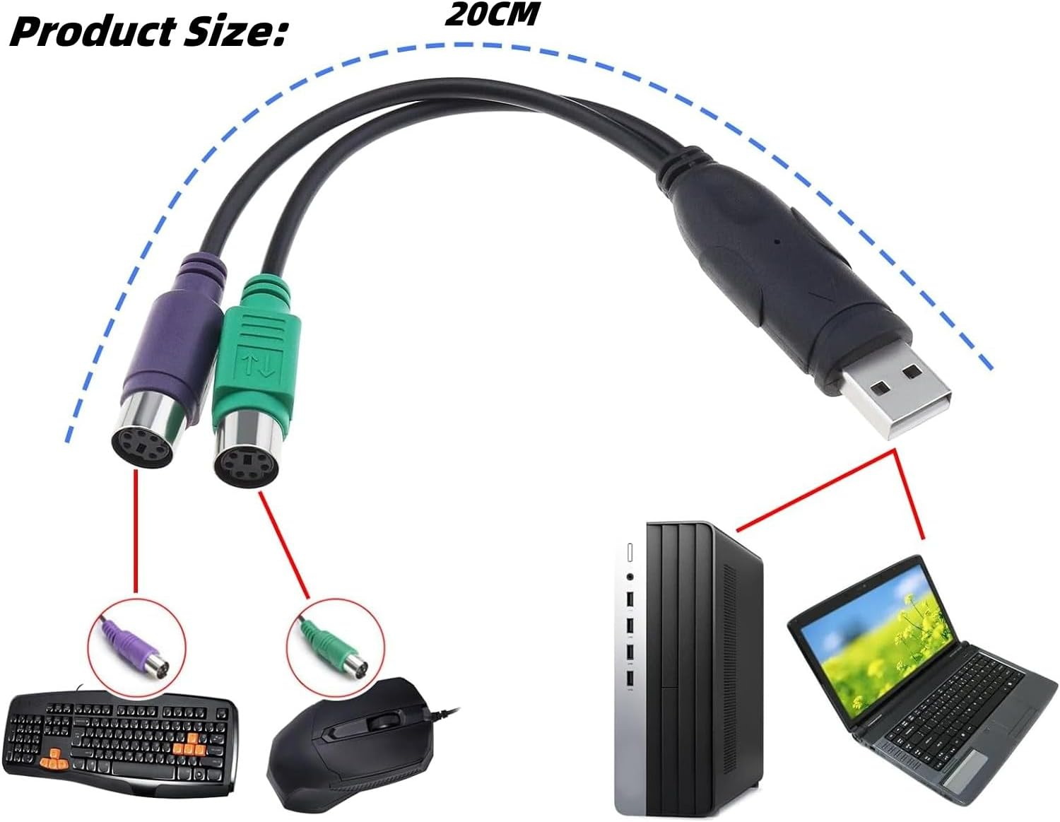 2PCS PS2 to USB Adapter PS2 Keyboard and Mouse to USB Converter Cables Y Splitter Adapter Plug and Play Built-In USB IC Support PS2 Port of KVM Switch (20Cm) image number 6