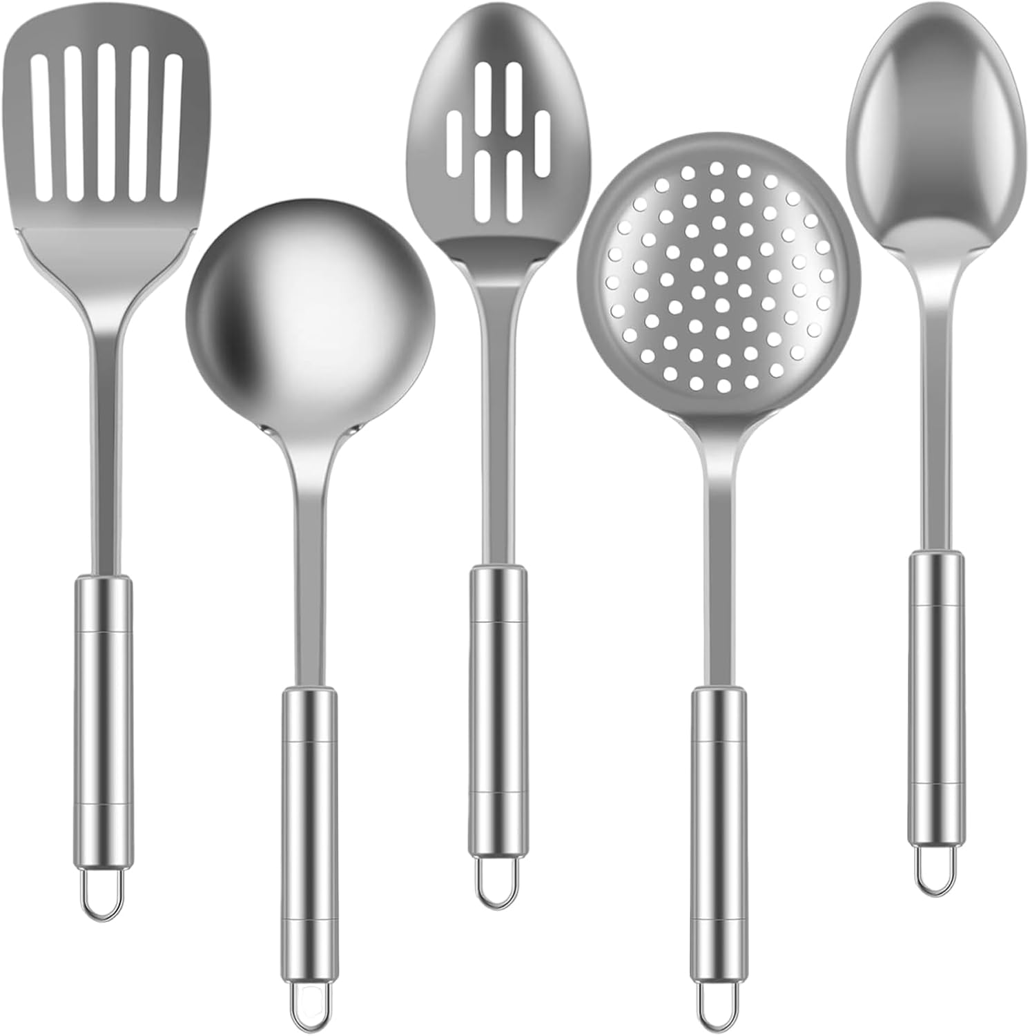 5 Pcs Stainless Steel Cooking Utensils Set,Kitchen Tools Set,Professional Cooking Spoons with Strainer Spoon/Soup Ladle/Slotted Spatula/Dense Spoon/Large round Strainer Spoon image number 3