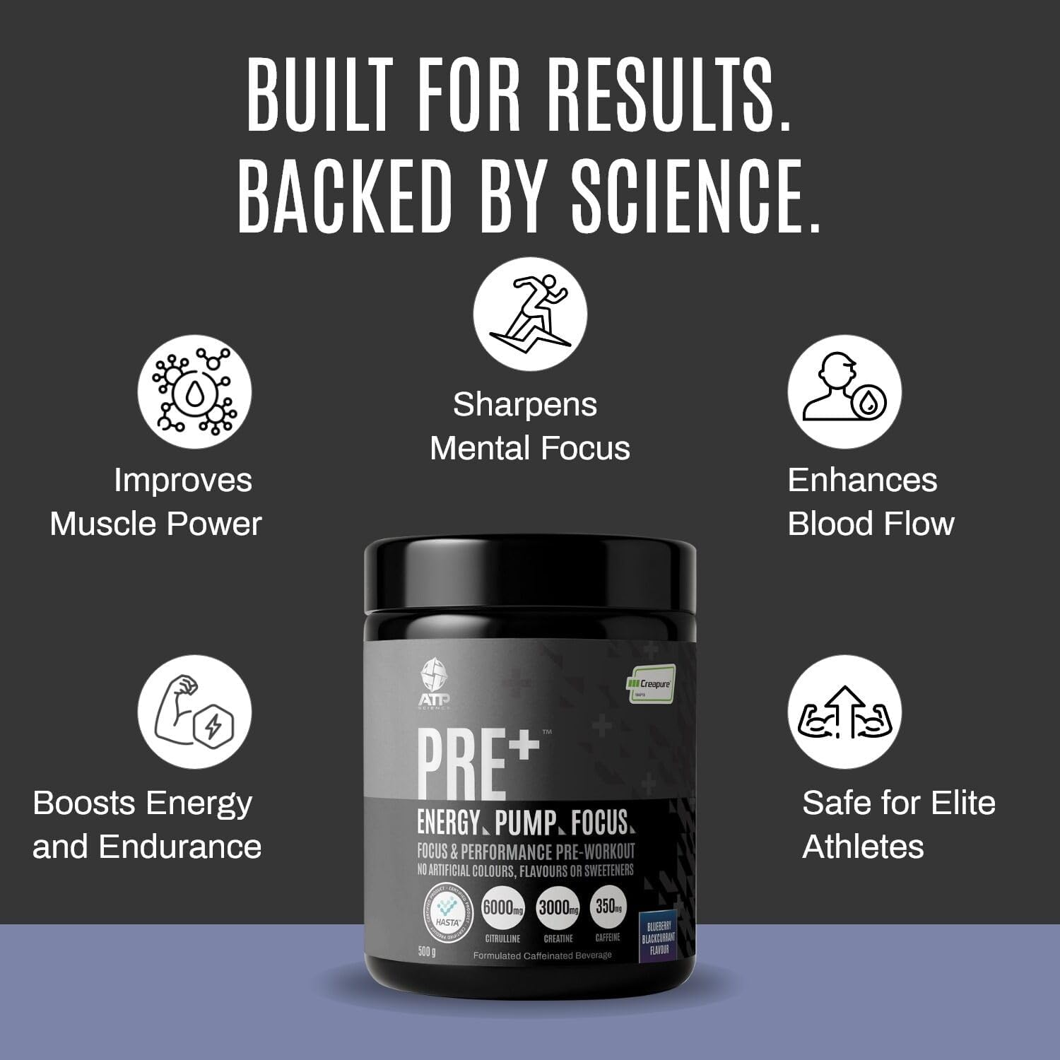 ATP Science Pre plus Preworkout Powder, Infused with Creapure Creatine Monohydrate, Caffeine Anhydrous, L-Citrulline Malate, No Artificial Colours and Flavours, Flavour - Blueberry Blackcurrant, 500G image number 1