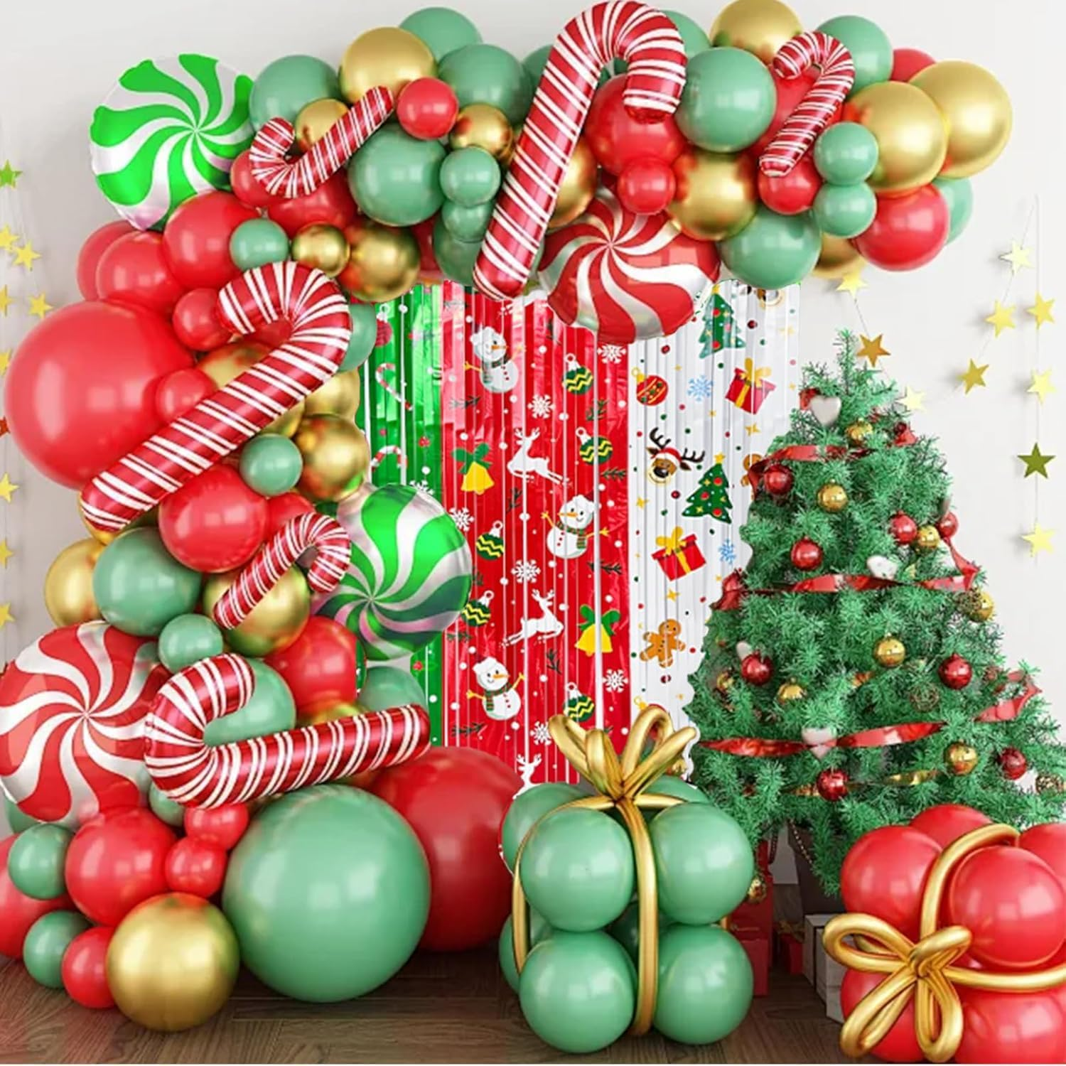 Christmas Foil Fringe Curtains - Santa Snowman Tree Design 100X200Cm Red White Green Tinsel Backdrop for Xmas in July, Aussie Christmas Parties, Photo Booth Decorations（3 Pack ） image number 2