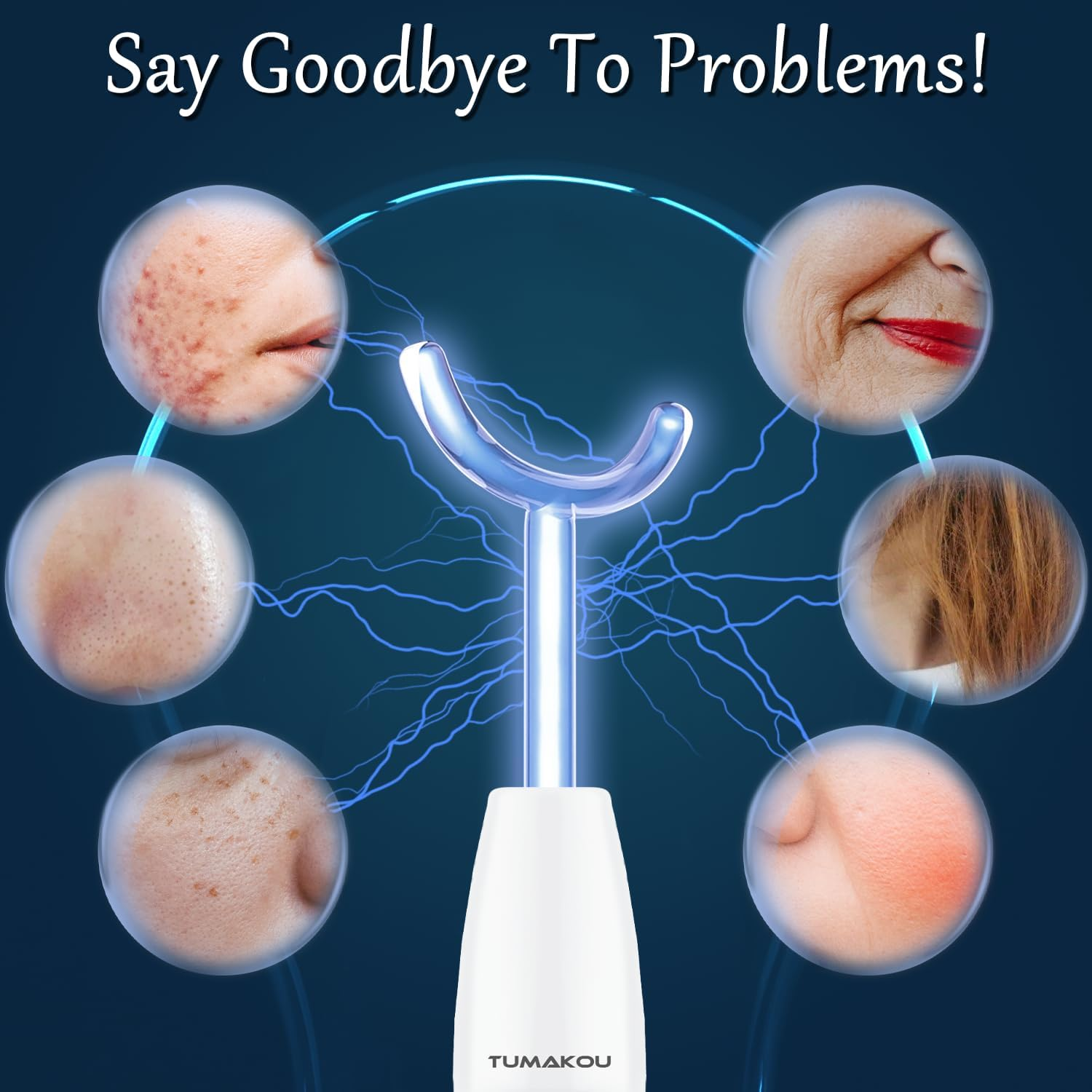 High Frequency Facial Wand - TUMAKOU Portable Handheld Blue High Frequency Facial Machine Skin Face Wand - with 6 Different Glass Tubes(Violet+Orange Tech) for Skin/Face/Eyes/Hair