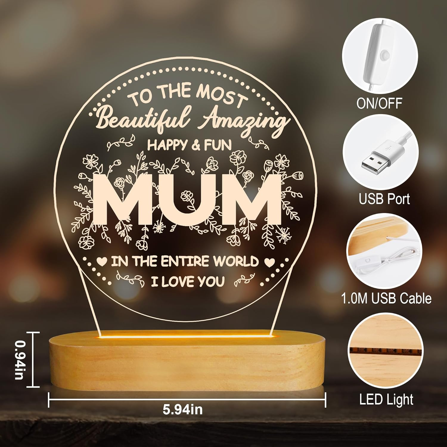 Gifts for Mum from Kids, I Love You Mom Night Light with Warm Light for Home Decor,Mum Gifts for Chritmas & Mother'S Day & Birthday & Thanksgiving Day for Mommy Mother Mama - Mom image number 2