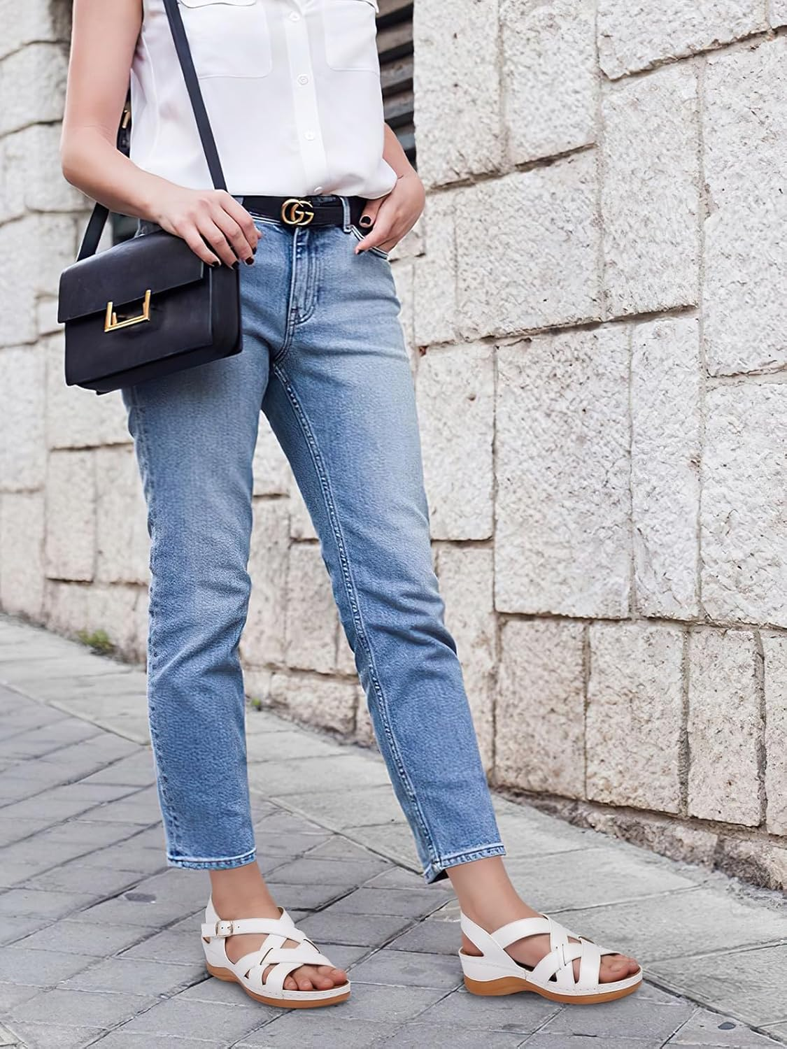 TEMOFON Flat Women Sandals Wide: Black Brown White Leather Summer Sandal - Rubber Sole - Dressy Comfortable Walking Sandal Size 5-11