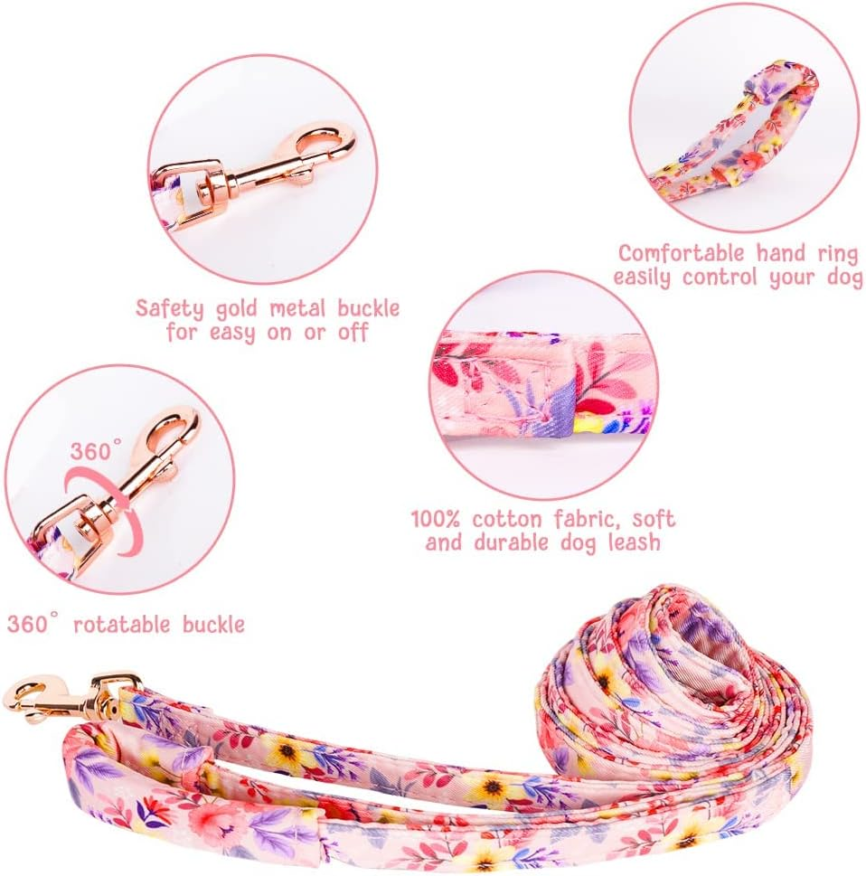 AUAUY Dog Collar and Leash Sets, Flower Girl Floral Pattern Engraved Pet Collars with Adjustable Strong Gold Buckle Collars with Beautiful Bowtie and Little Bell for Small Medium Large Dogs(Pink L) image number 1