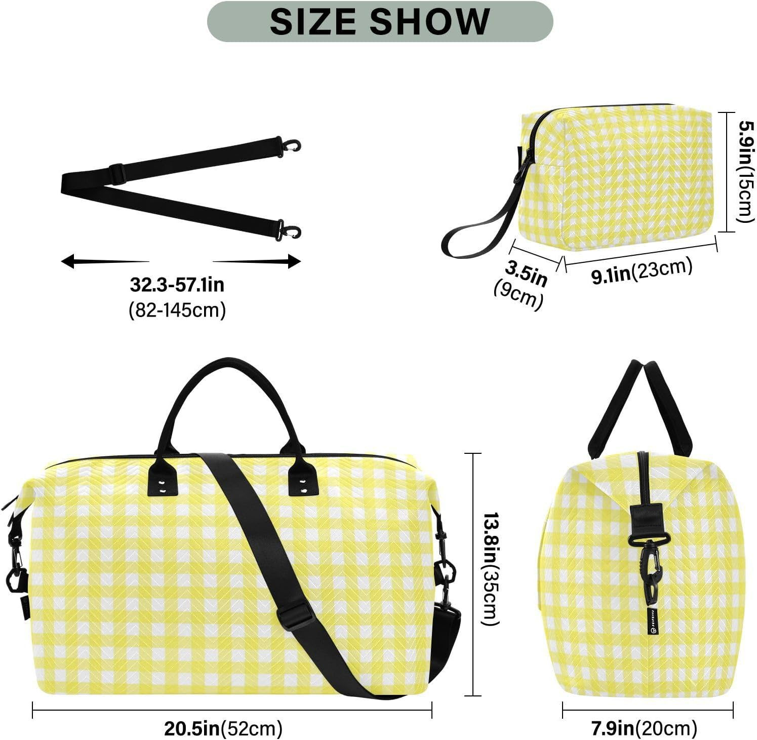 Luggage Travel Bag Carry on Weekend Bag Gingham Yellow Buffalo Plaid Tartan Check Scotland Gym Sports Duffel Bags With, Gingham Yellow Buffalo Plaid Tartan Check Scotland, Set of 2, Art Deco image number 5