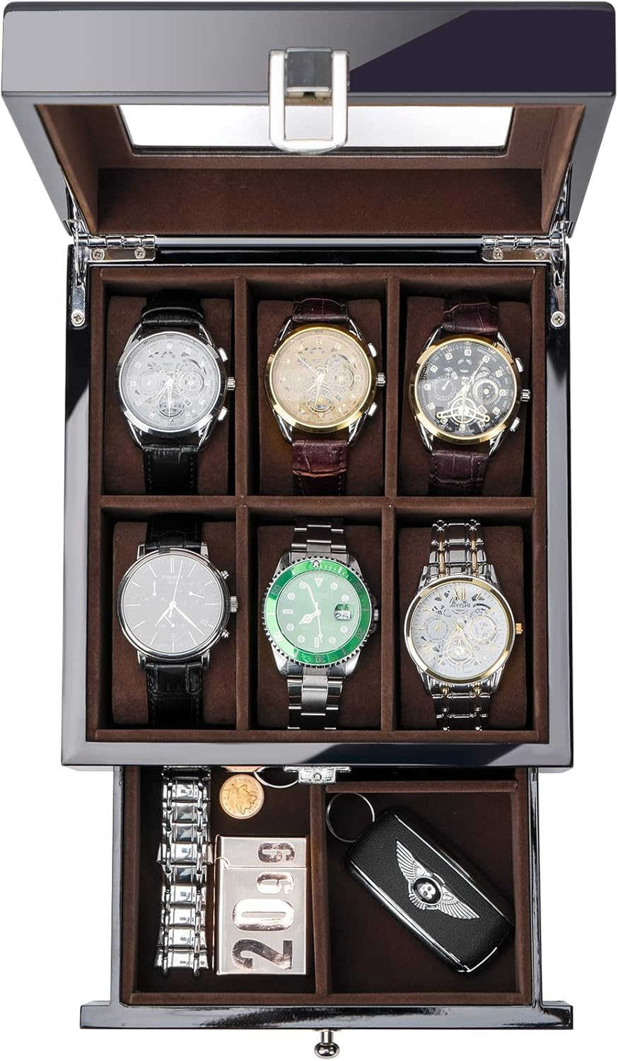 Procase 6 Slots Lacquered Finish Wooden Watch Box for Men, Men&rsquo;S Watch Organizer with Glass Top, 2-Tier Display Case for Wristwatch Storage
