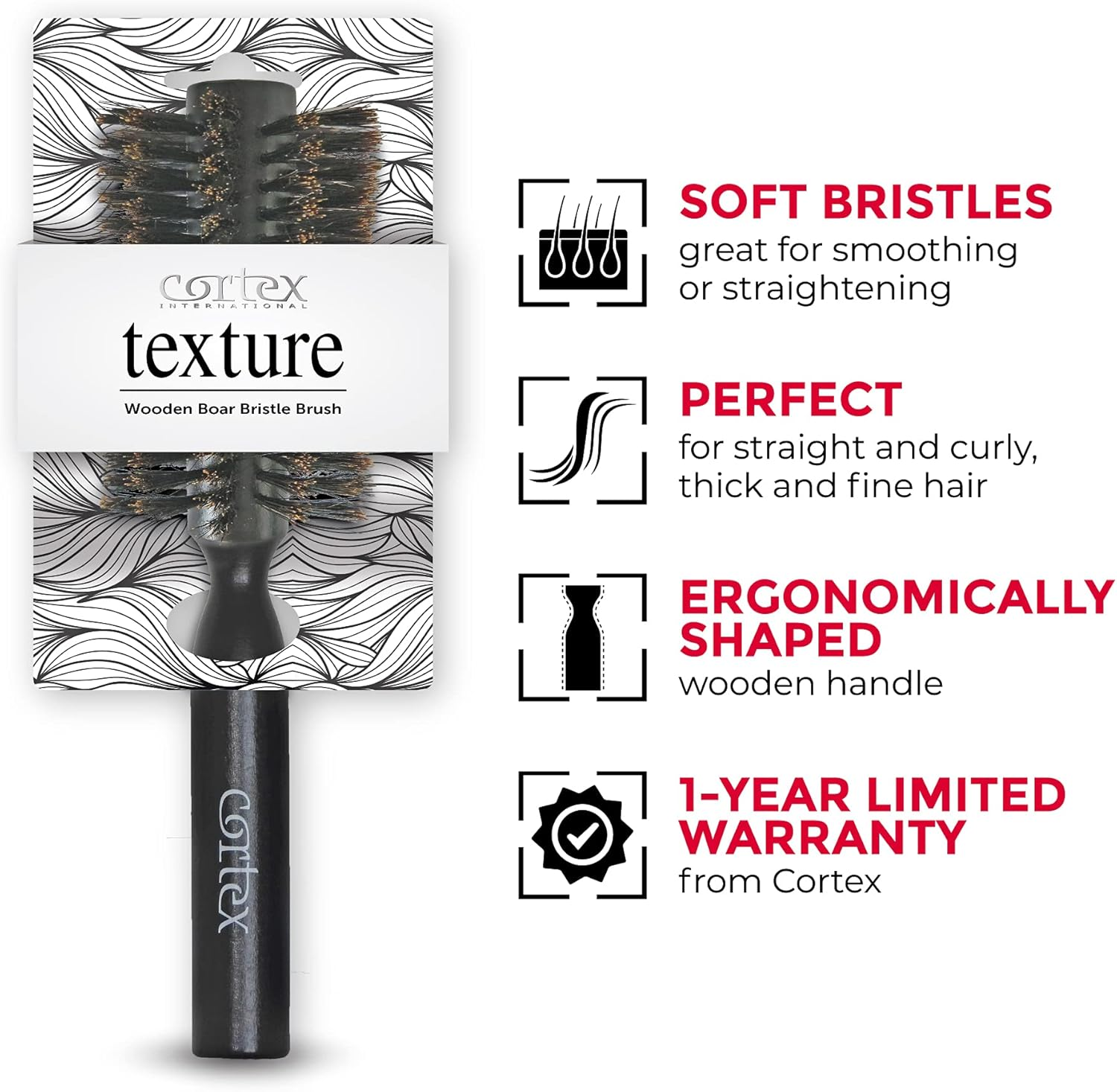 Cortex Professional 100% Boar Bristle round Hair Brush, for Women and Men, for All Hair Types, Natural and Soft Hair Brush - Black Wood 2.4" image number 2