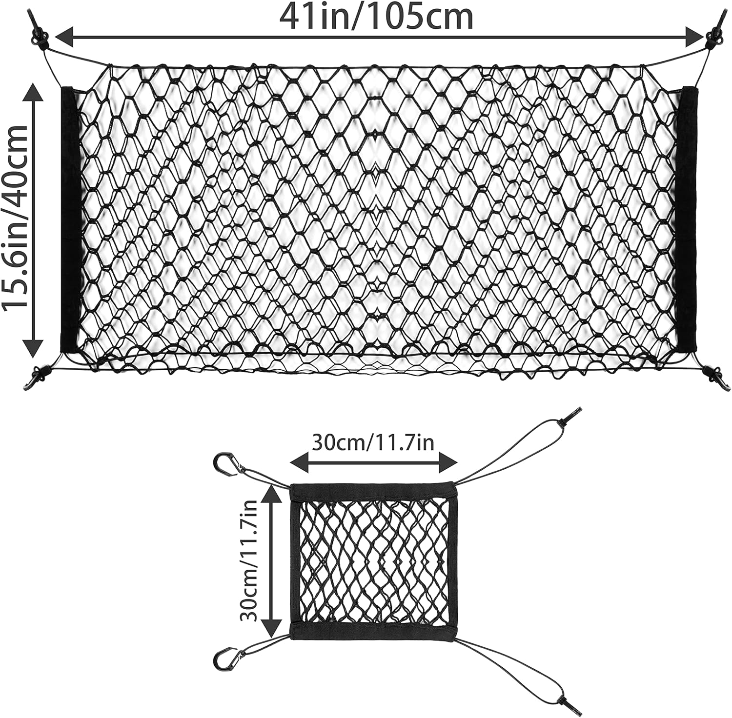 HOMEE Cargo Net Set, 2 Packs Adjustable Mesh Cars Trunk Net and Elastic Trunk Net Bag between Seats Universal Car Cargo Storage Organizers with Hooks for Pick-Up/Jeep/Suv, Full Black image number 3