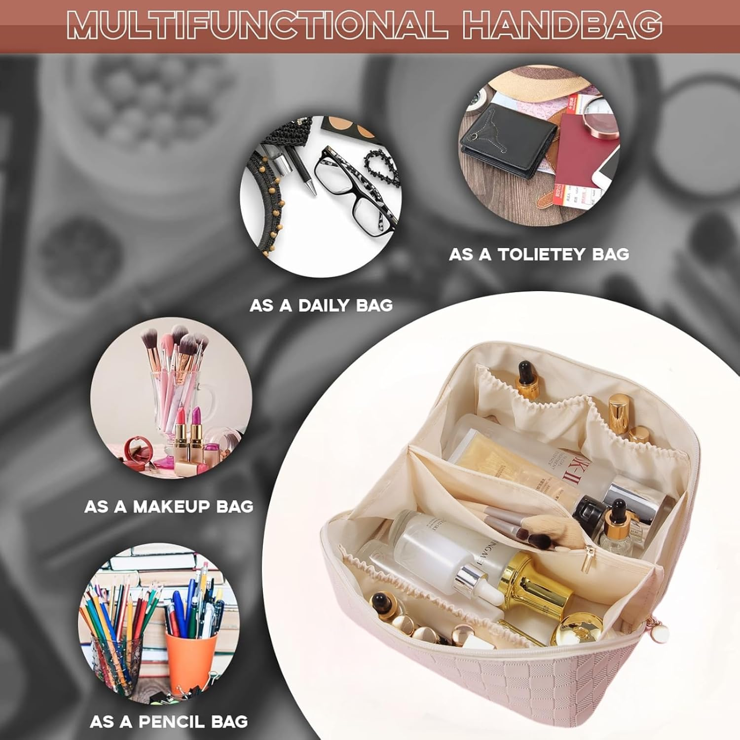 Makeup Bag, Large Capacity Storage Cosmetic Bag,Multifunctional Portable Wash Pouch for Women Travel Storage Bag Skin Care Cosmetics Toiletries image number 3