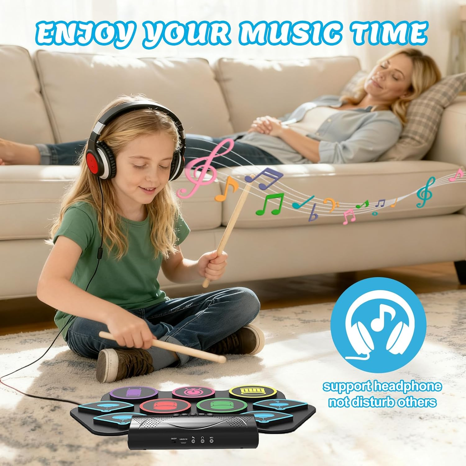 Electronic Drum Set,9 Practice Drum Pads,Roll-Up Drum Kit Machine Built-In Speaker with Drum Pedals and Stick,Great Christmas for Kids image number 6