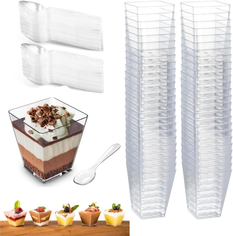 50 Pcs Square Dessert Small Cups, Reusable Mini with Spoons Clear Plastic Smal Party Appetizer Cups Parfait Yogurt Mousse Jelly Pudding Fruit Ice Cream image number 3