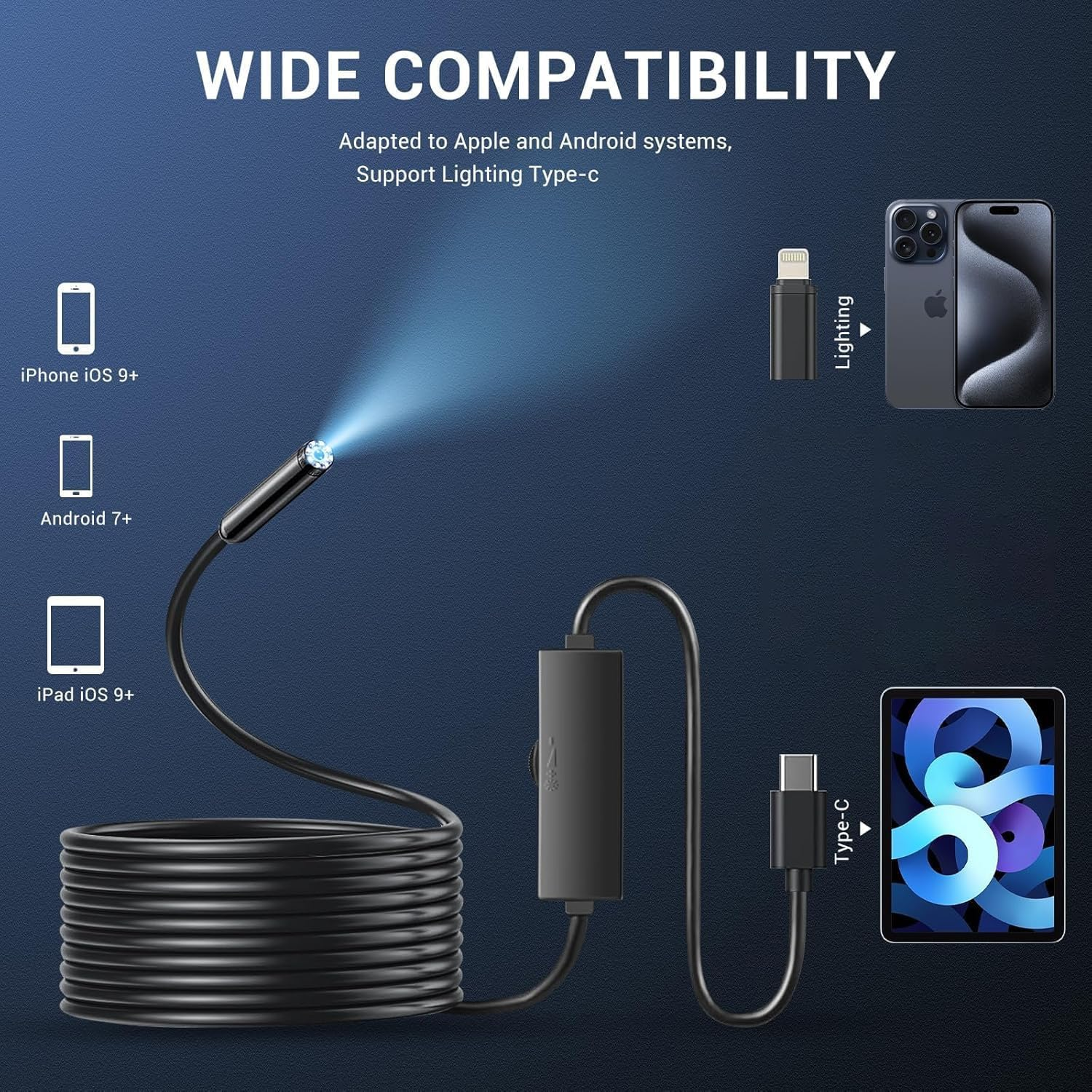 Deraweey Endoscope Camera with Light, Industrial Endoscope, 8Mm 1920P HD IP67 Waterproof Borescope with 8 Adjustable LED Lights, Inspection Camera for Iphone, Ipad and Android Devices（16.5Ft）