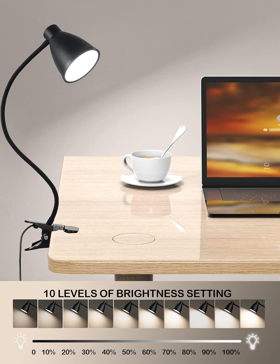 LTZEMOO Desk Lamp 3 Color Modes 10 Brightness Dimmer Reading Light 10W 38 LED Clamp Lamp with Auto off Timer 360&deg; Flexible Gooseneck Clip on Light for Bed Bedside, AC Adapter Include image number 5