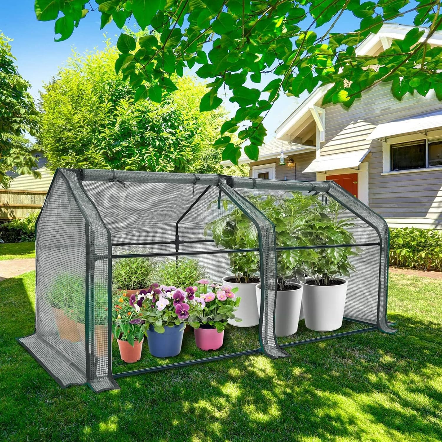 Portable Mini Greenhouse, TOPIND Greenhouses for Outdoors with Dual Large Zipper Doors & Ground Stakes, Waterproof & UV Protected Plastic Green House (White(120X61X60Cm))