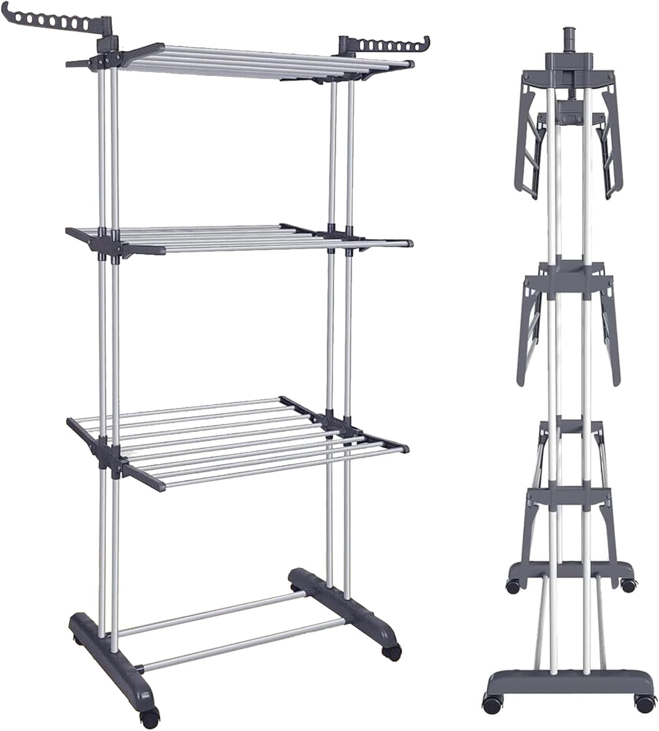 Drying Rack, 4-Tier Foldable Drying Rack with 4 Wheels for Drying Sheets, Towels and Clothes (67" High) Gray image number 2