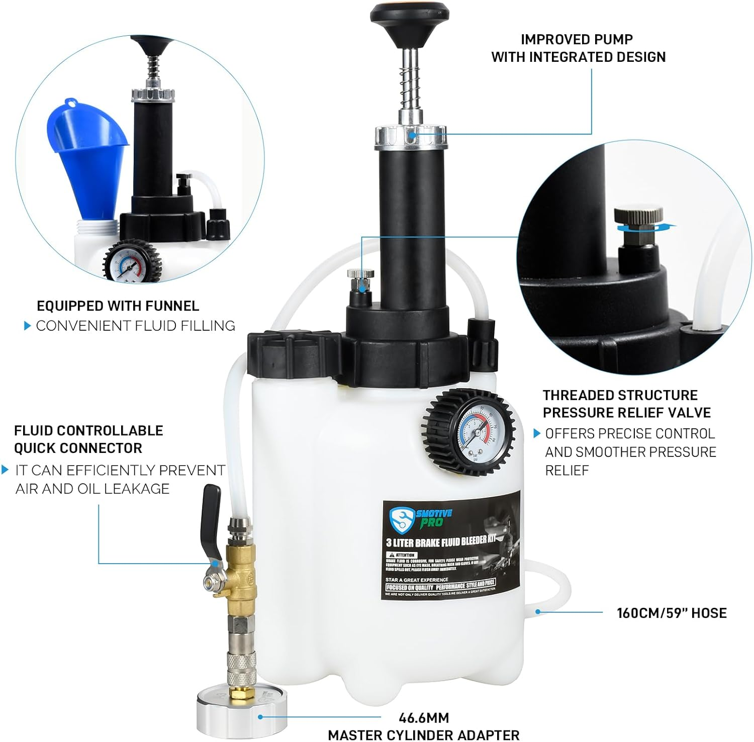 3L Brake Bleeder with One Man Operation, 1L Brake Fluid Reservoir and Aluminium E20 Adapter, Suitable for Most European Car Models image number 5