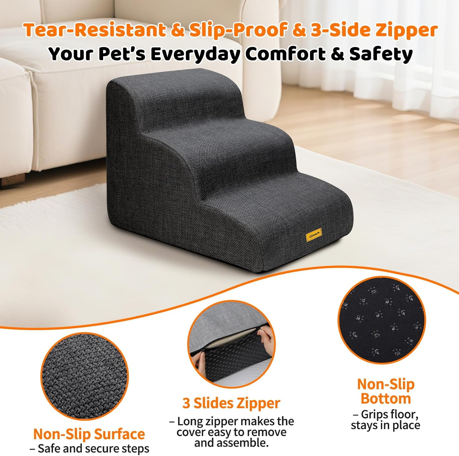 Gimars Extra Wide Sturdy 30D High Density Foam 3-Step Dog Stairs for Sofa, Pet Stair for Small Medium Dog Black image number 2