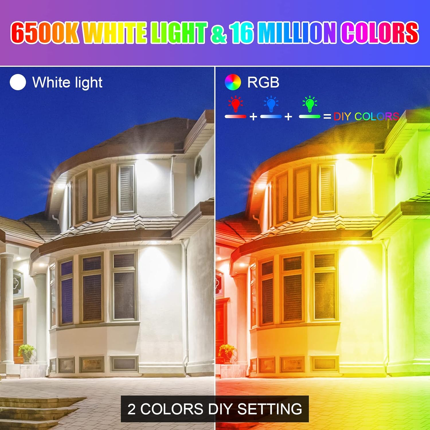 RGBW Flood Lights 2 Packs BOSITE Waterproof IP66 RGB + White LED Floodlight Dimmable Spot Lights with Remote/App Control for Garden, Patio/Yard/Stage Lighting/Christmas/Halloween Parties Decor