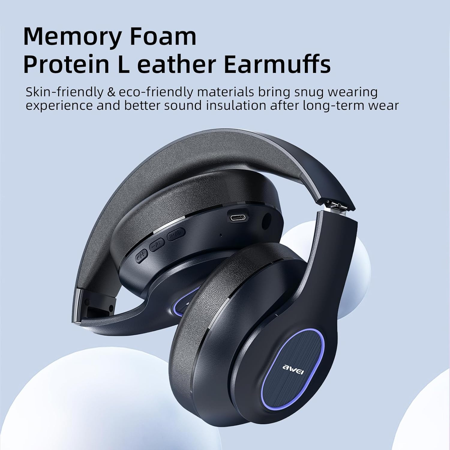 AWEI A100BL over the Head Wireless Headphones, Wireless Bluetooth Headphones, 7-12H Playtime Hi-Res Audio Memory Foam Ear Cups for Travel Home Office Cellphone PC image number 3