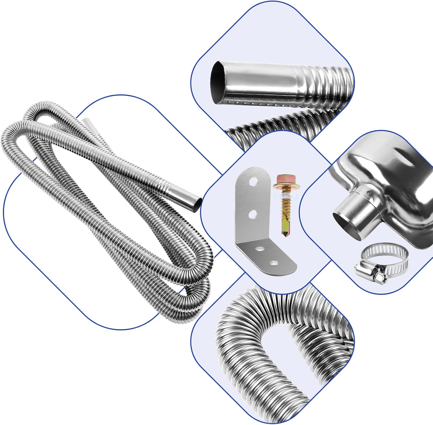 200Cm/78" Diesel Heater Exhaust Pipe with Muffler and Clamps, 1"/2.5Cm Stainless Steel Parking Air Heater Generator Hose, Fuel Tank Diesel Gas Vent Hose image number 6