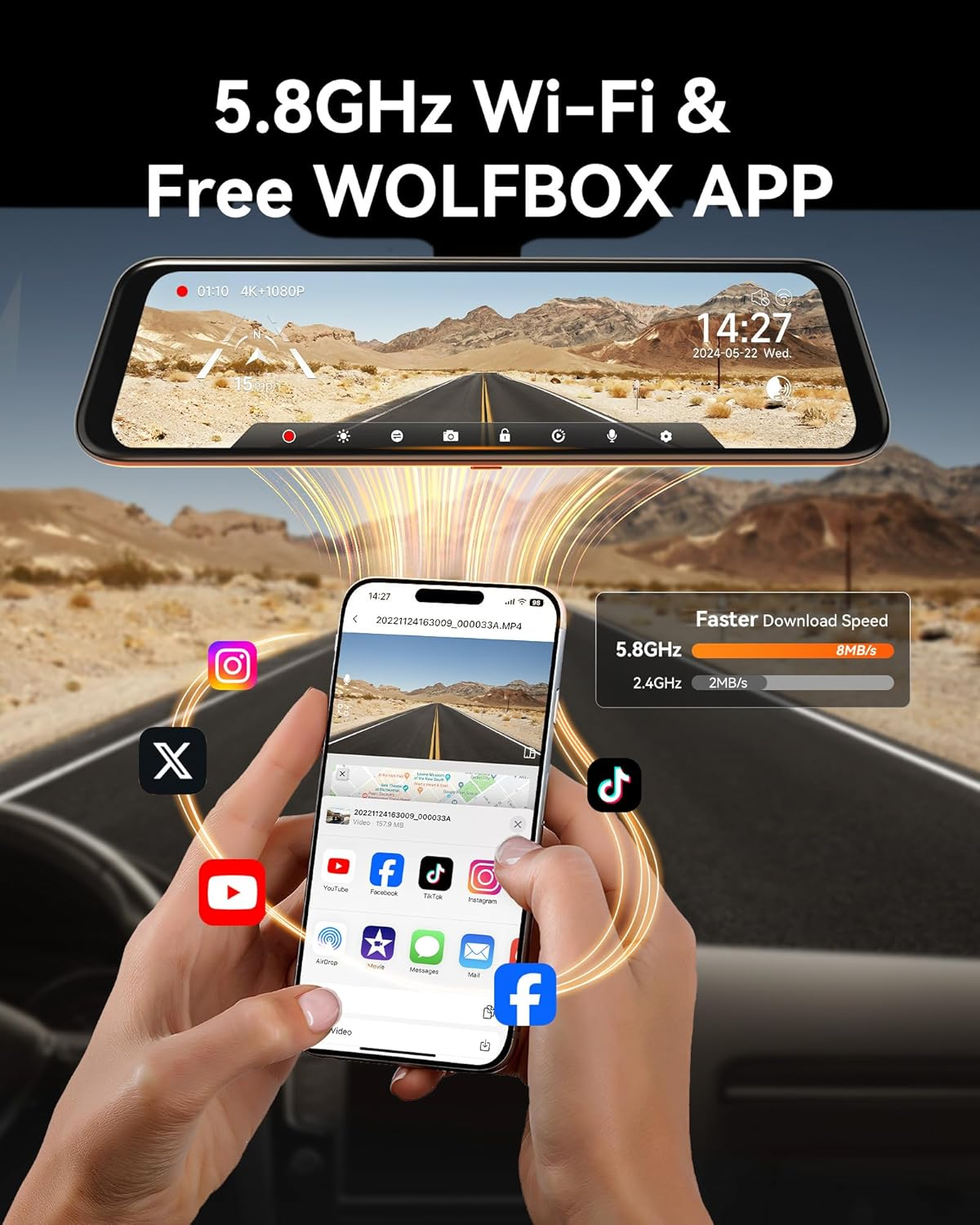 WOLFBOX G850 12" 4K Mirror Dash Cam Front and Rear with 5.8Ghz Wifi and Voice Control, Smart Mirror Dash Camera with 1080P Rear Camera, Dash Cam with WDR, Includes 64GB Card & GPS image number 6