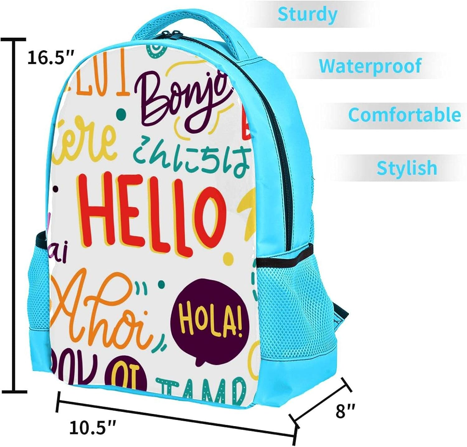 Blue Backpack Boy Bookbags Rucksack Men Travel Handbag Daypack Hello Words in Different Languages