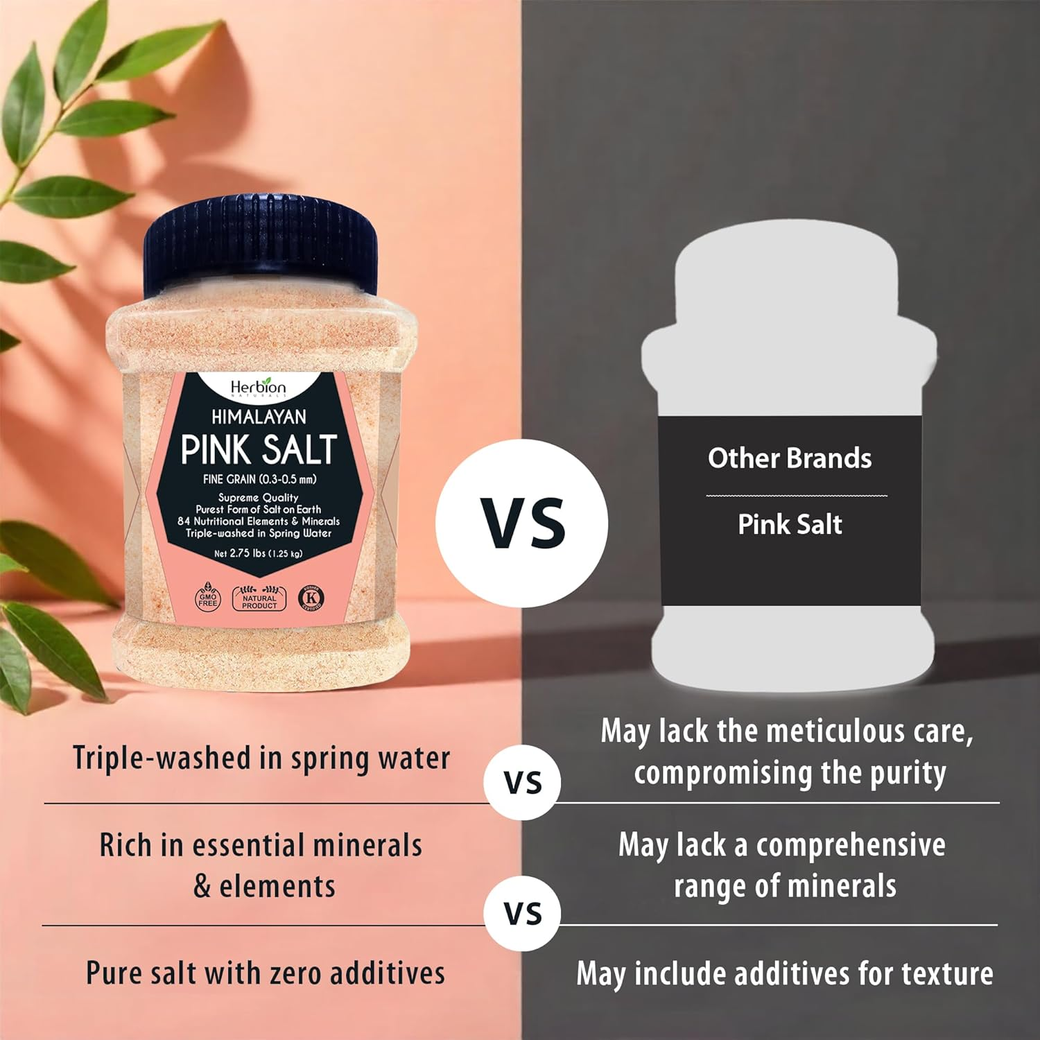 Herbion Naturals Himalayan Pink Salt Jar - Fine Grain, 1.25 Kg | GMO Free, Vegan, Kosher Certified | Triple-Washed, Chemical Free image number 4