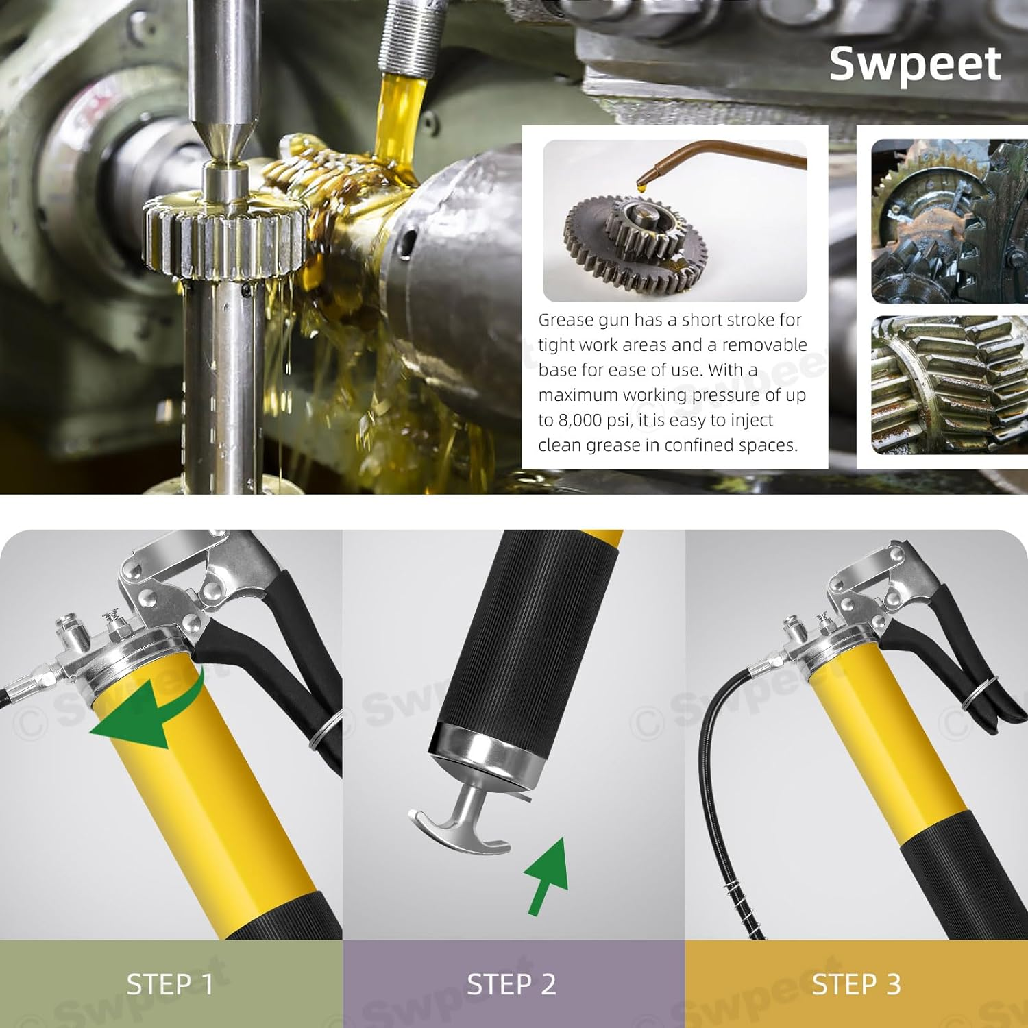 Swpeet 7Pcs 8000 PSI Yellow Heavy Duty Pistol Grip Grease Gun Kit with 14 Oz Load Includes 12" Spring Flex Hose 5" Bend Pipe Straight Pipe 1" Sharp Type Nozzle 2Pcs 1" Normal Coupler for Zerk Fittings image number 3