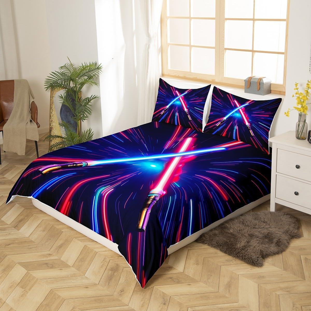 Lightsaber Duvet Cover Set Queen Size,Geometric Lines Gradient Bedding Set 3Pcs for Kids Teens Boys Room Decor, Future Technology Metaverse Comforter Cover Red Blue Quilt Cover with 2 Pillowcases image number 2