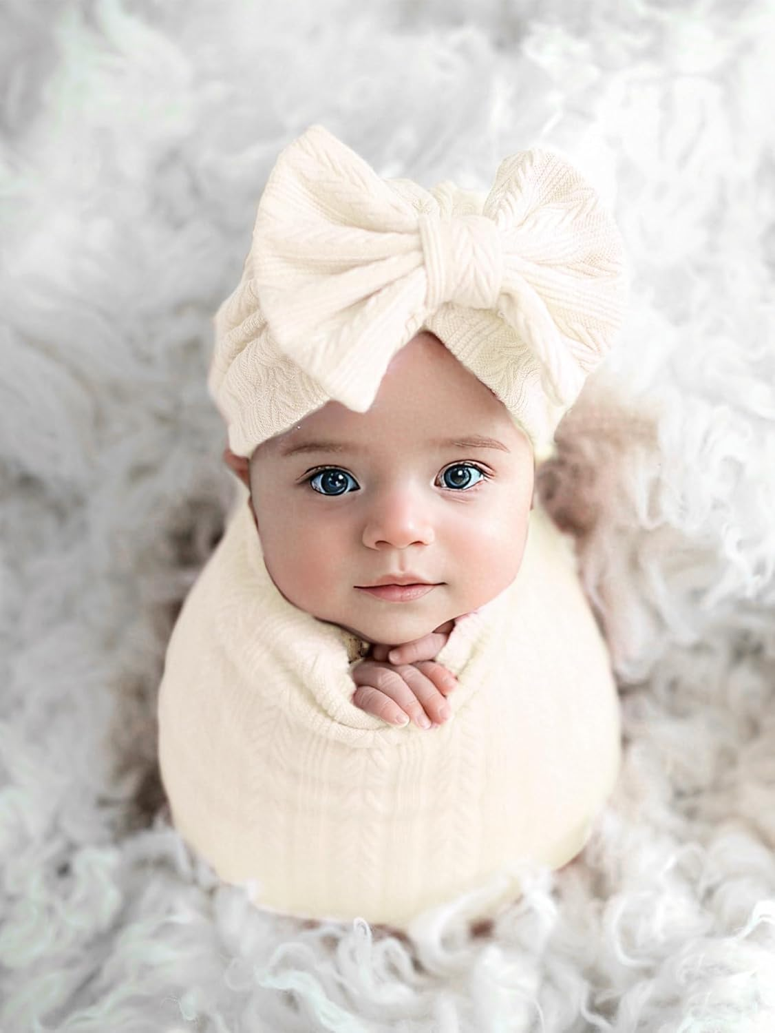 Jastore Baby Infant Swaddle Blankets for Girls 3PCS Newborn Accessories Set with Matching Hat and Bow Headband (Beige, 33"*35") - Beige image number 2