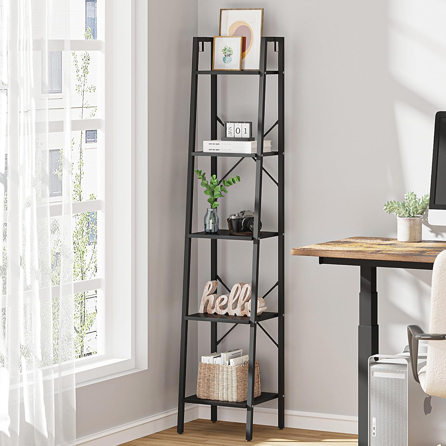 Hzuaneri Ladder Shelf, Bookshelf Bookcase, Freestanding Corner Storage Shelve with 2 Hooks for Home Office, Living Room, Kitchen, Bedroom, Industrial, 5-Tier Black BC03204B