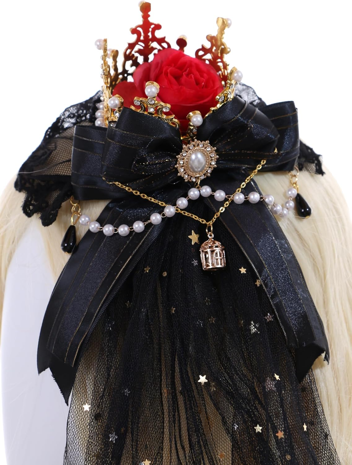 C-105-1 Black Veil Gold Crown Red Rose Bow Lace Ruffle Gothic Lolita Party Celebration Hair Accessories Head Accessory image number 2