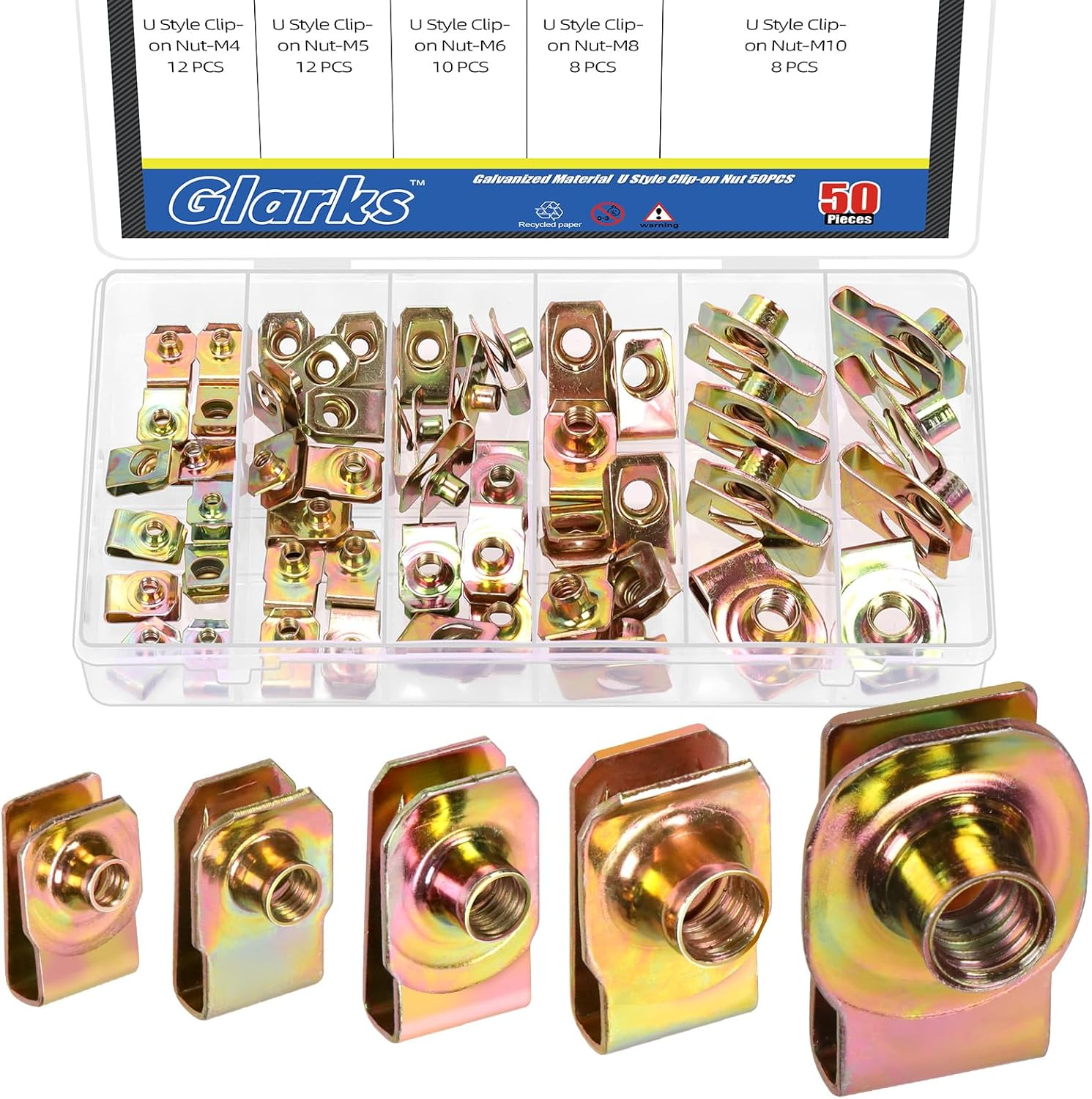 Glarks 50Pcs M4 M5 M6 M8 M10 U-Style Clip-On Nuts Set, Black Carbon Steel Thread Clip Nut, U Nuts Clamp Set, U-Shaped Nut, Automotive U-Clips for Engine, Fender, Bumper, Dash, Interior Trim Panels