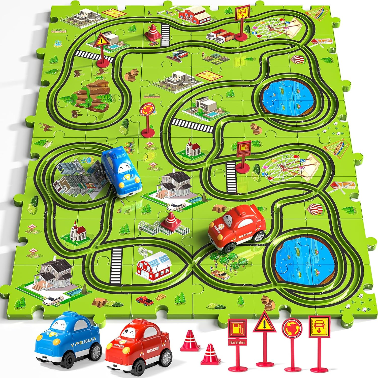 JUKUDAHU 48 Pieces Puzzle Race Track Car Set Toys for 3 4 5 6 Year Old Boys, City Themed Playset for Kids Ages 3-5 with 2 Small Toy Cars, Indoor Boys Girls Birthday Gifts for Toddlers 1-3 3-5 4-8 image number 1
