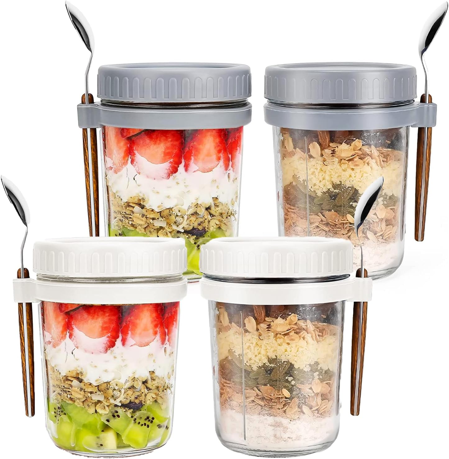 HJB VISSO Glass Jars, Overnight Oats Container with Lid and Spoon [4 Pack], Overnight Oats Jars, 350Ml / 10 Oz Cereal, Milk, Vegetable and Fruit Salad Storage Container with Measurement Marks image number 1