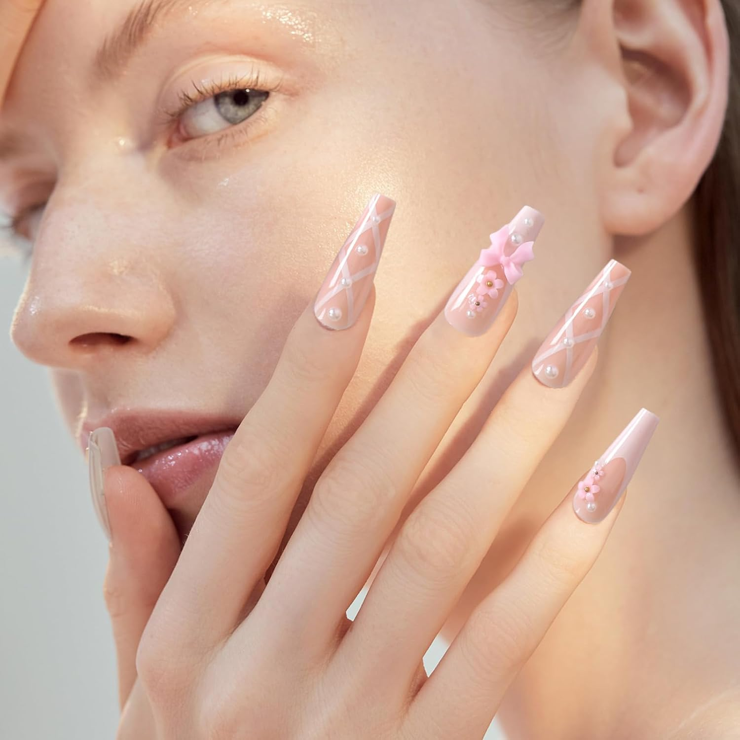 Pack of 24 Press on Nails, Artificial Nails with Adhesive Pads and Nail Files Buffers, Square Fingernails, Pink Nails for Sticking, Nails Ballet, for Women and Girls Nail Art image number 5