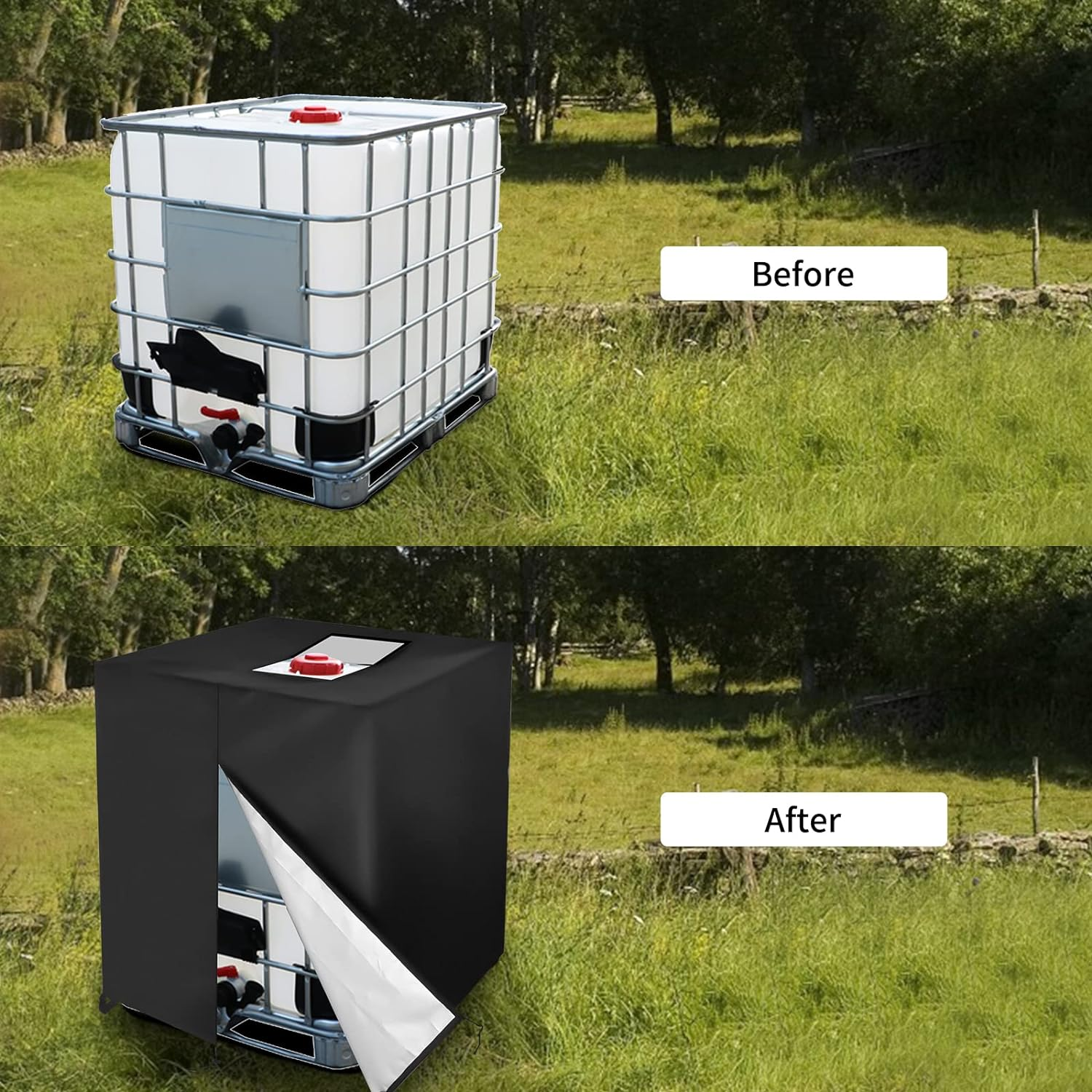 Zipper IBC Tote Cover Barlic 275 Gallon for 420D 1000L Outdoor Water Tank Protective Cover(Black) - Zipper Black image number 3