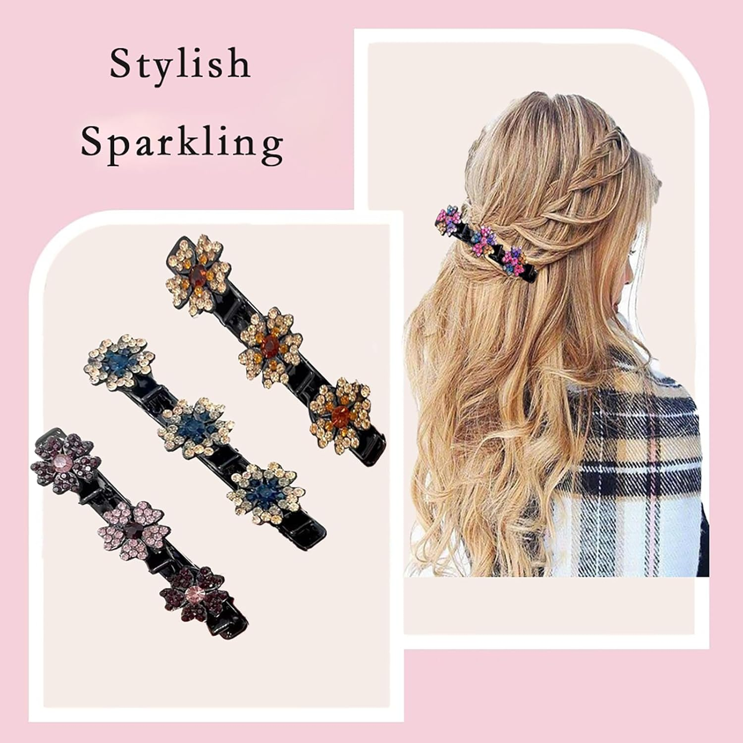Sparkling Crystal Stone Braided Hair Clips, 2024 New Women'S Shiny Rhinestone Duckbill Clips for Ladies and Girls(2Pcs) (Colourful)