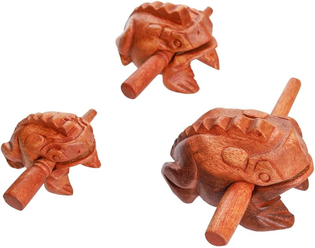 Brown Thai Percussion Instruments Wooden Frog 3 Pcs Set of 4 Inch Frog, 3 Inch Frog, 2.25 Inch Frog, Wooden Frog Musical Instrument Home Decor (Brown Color)