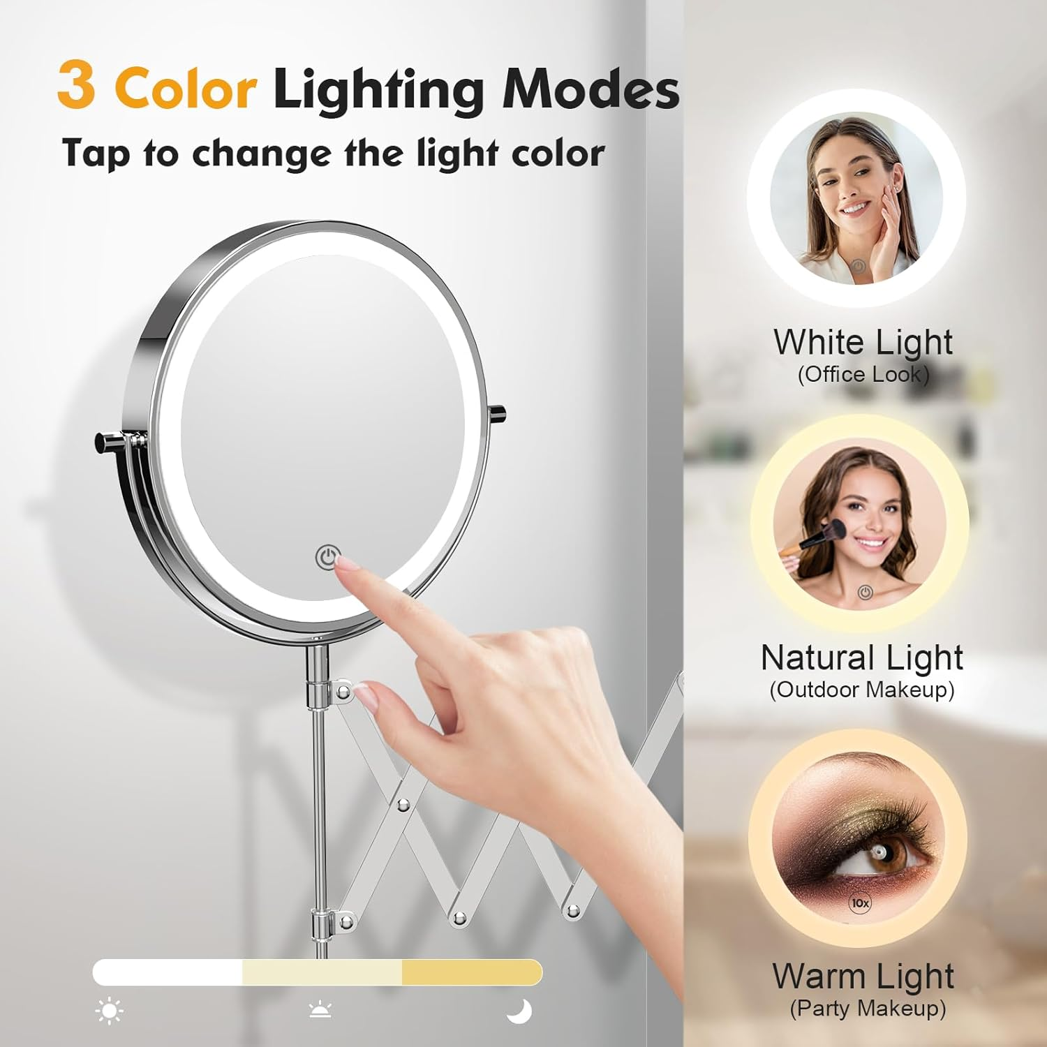 FUNTOUCH USB Rechargeable Cosmetic Mirror with 1X/10X Magnification, 3 Colours Lighting, Touch Screen Dimming, Extended Arm Makeup Mirror, 360&deg; Rotatable Wall Mirror for Bathroom and Hotel
