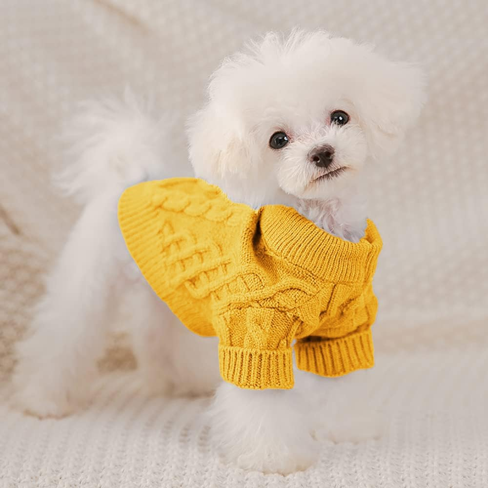 Small Dog Cat Sweaters, Puppy Jumper Sweater Warm Pullover Fleece Dog Jacket Winter Dog Clothes Cute Soft Turtleneck Knitted Classic Twist Striped Clothes for Small Medium Dogs Cat (Yellow, Large) image number 4