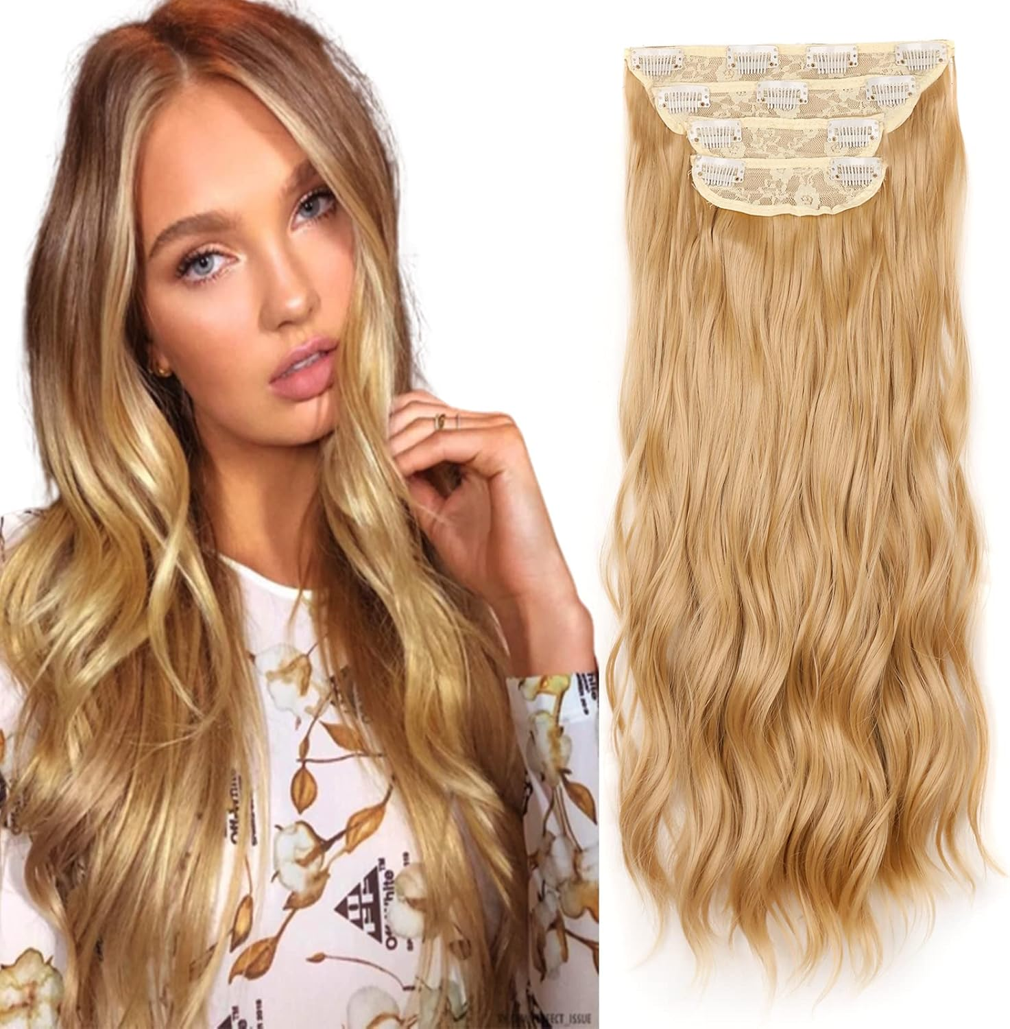 Gairyan Clip in Hair Extensions 4PCS Curly Wavy Long Hair Pieces Full Head Synthetic Hair Extension Thick Natural Look for Women, 22 Inches 180G, Dirty Blonde image number 3